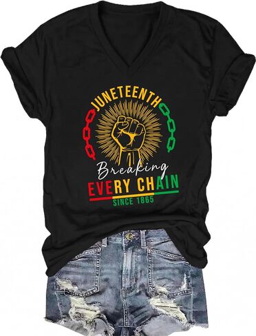 Juneteenth قمصان للنساء احتفال 1865 جرافيك تي شيرت بلايز Vneck يوم الحرية كم قصير تي شيرت in Kuwait