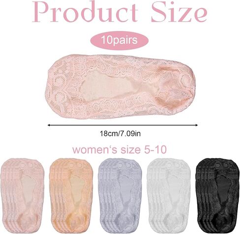 10 Pairs Lace No Show Socks,Low Cut Ultra Thin Lace Non Slip No Show Socks for Women Loafers Flats,Multicolor in Saudi Arabia