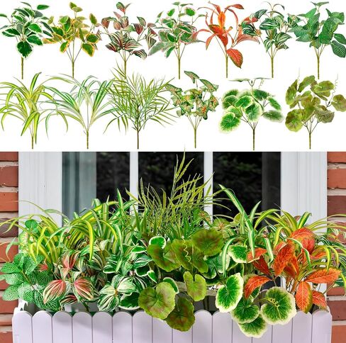 Artificial Plants Outdoor Greenery Stems, 11PCS Faux Greenery Bushes UV Resistant Plastic Shrubs with Real Touch Flexible Leaves, Fake Plants for Planter Garden Patio Porch Window Box Fence Yard Decor in Kuwait