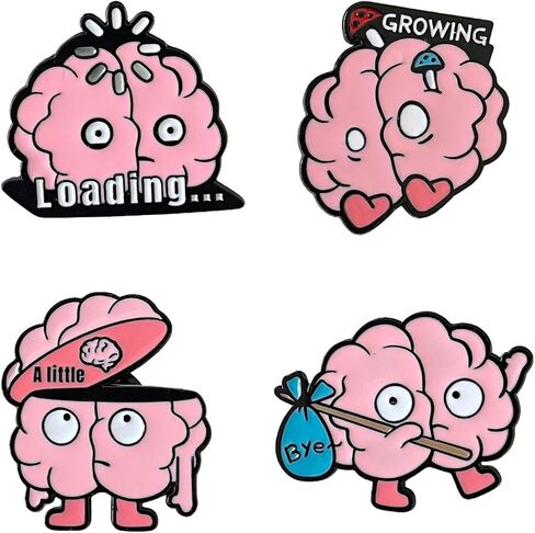 4PCS Fun Brain-Shaped Metal Pins - Neuroscience Enthusiast Gift, Clothing & Bag Accessories with Cute Expressions (Loading, Bye, Growing, A Little) in Saudi Arabia