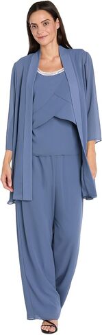 R&M Richards Elegant 3-Piece Chiffon Pantsuit for Women W/Beaded Tiered Tank, Flowy Wide-Leg Pants & Matching Duster Jacket in Kuwait