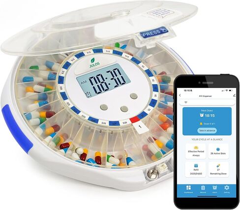 JULOS Bluetooth Automatic Pill Dispenser with Sound/Light/App Alerts for Seniors, Locked 28-Day Medication Organizer, up to 9 Alarms/Day, Pill Dispenser for Vitamins & Supplements & More, Clear Lid in Saudi Arabia