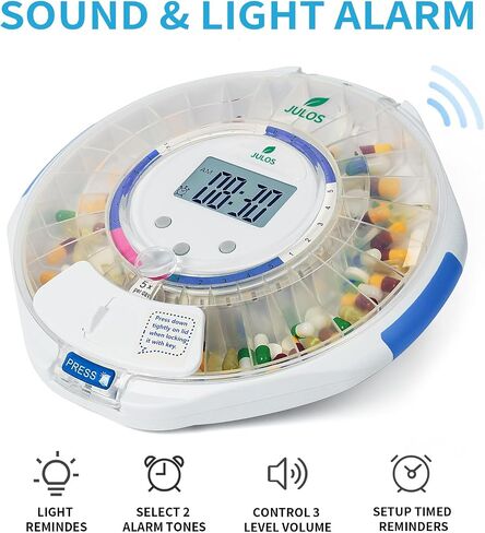 JULOS Bluetooth Automatic Pill Dispenser with Sound/Light/App Alerts for Seniors, Locked 28-Day Medication Organizer, up to 9 Alarms/Day, Pill Dispenser for Vitamins & Supplements & More, Clear Lid in Saudi Arabia