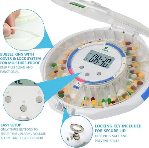 JULOS Bluetooth Automatic Pill Dispenser with Sound/Light/App Alerts for Seniors, Locked 28-Day Medication Organizer, up to 9 Alarms/Day, Pill Dispenser for Vitamins & Supplements & More, Clear Lid in Saudi Arabia