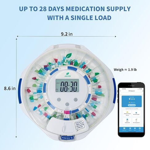 JULOS Bluetooth Automatic Pill Dispenser with Sound/Light/App Alerts for Seniors, Locked 28-Day Medication Organizer, up to 9 Alarms/Day, Pill Dispenser for Vitamins & Supplements & More, Clear Lid in Saudi Arabia