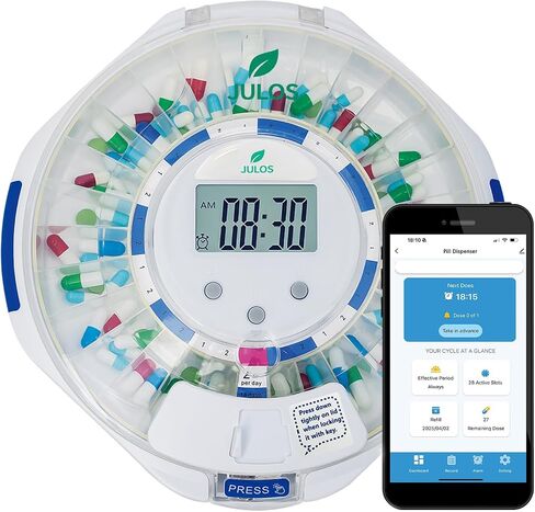 JULOS Bluetooth Automatic Pill Dispenser with Sound/Light/App Alerts for Seniors, Locked 28-Day Medication Organizer, up to 9 Alarms/Day, Pill Dispenser for Vitamins & Supplements & More, Clear Lid in Saudi Arabia