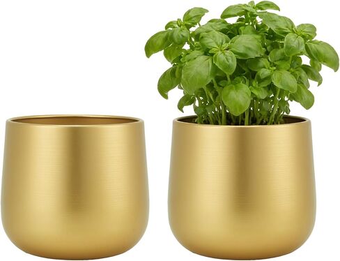 6.3'' Metal Gold Plant Pots Set of 2, Round Decorative Tabletop Planters with Drainage Hole & Waterproof Liner, Indoor Vase for Succulent, Snake Plant, Cactus & Small Houseplants in Saudi Arabia