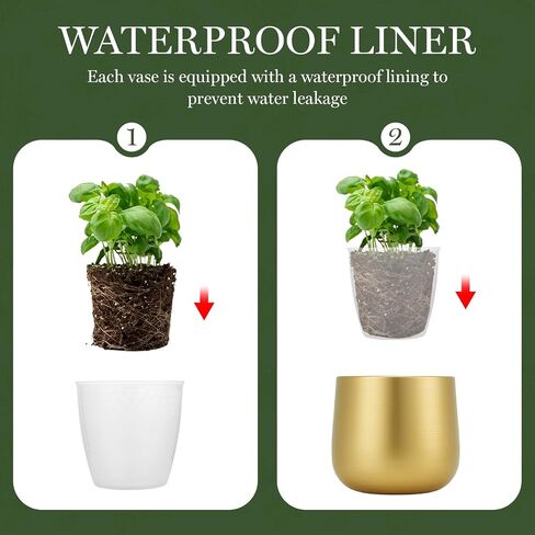 6.3'' Metal Gold Plant Pots Set of 2, Round Decorative Tabletop Planters with Drainage Hole & Waterproof Liner, Indoor Vase for Succulent, Snake Plant, Cactus & Small Houseplants in Saudi Arabia