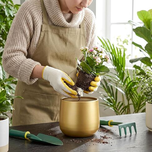 6.3'' Metal Gold Plant Pots Set of 2, Round Decorative Tabletop Planters with Drainage Hole & Waterproof Liner, Indoor Vase for Succulent, Snake Plant, Cactus & Small Houseplants in Saudi Arabia