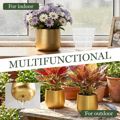 6.3'' Metal Gold Plant Pots Set of 2, Round Decorative Tabletop Planters with Drainage Hole & Waterproof Liner, Indoor Vase for Succulent, Snake Plant, Cactus & Small Houseplants in Saudi Arabia