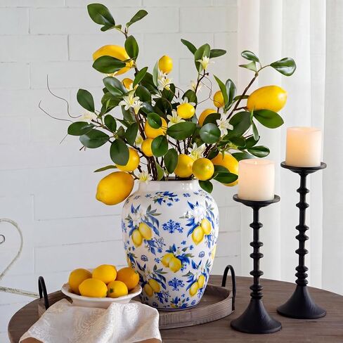 Capri Lemon Ceramic Vase with Artificial Lemons Branches 7.87inch Blue Tiles Yellow Lemon Vase 6 Head Faux Lemons with Stem Fake Fruit Themed for Kitchen Decoration Party Farmhouse Decor in Saudi Arabia