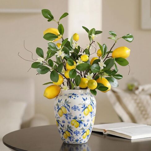Capri Lemon Ceramic Vase with Artificial Lemons Branches 7.87inch Blue Tiles Yellow Lemon Vase 6 Head Faux Lemons with Stem Fake Fruit Themed for Kitchen Decoration Party Farmhouse Decor in Saudi Arabia
