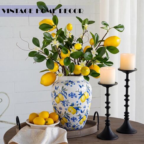 Capri Lemon Ceramic Vase with Artificial Lemons Branches 7.87inch Blue Tiles Yellow Lemon Vase 6 Head Faux Lemons with Stem Fake Fruit Themed for Kitchen Decoration Party Farmhouse Decor in Saudi Arabia
