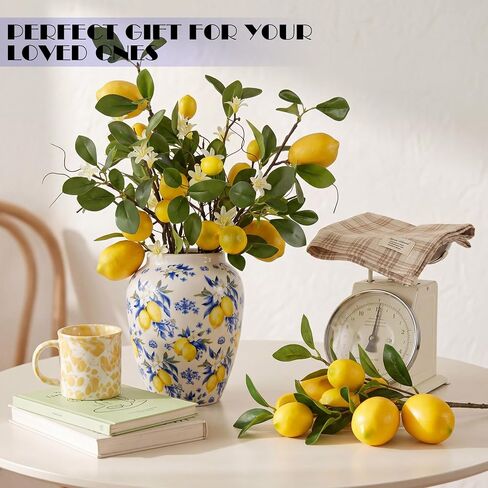 Capri Lemon Ceramic Vase with Artificial Lemons Branches 7.87inch Blue Tiles Yellow Lemon Vase 6 Head Faux Lemons with Stem Fake Fruit Themed for Kitchen Decoration Party Farmhouse Decor in Saudi Arabia