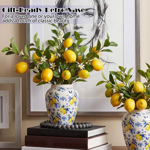 Capri Lemon Ceramic Vase with Artificial Lemons Branches 7.87inch Blue Tiles Yellow Lemon Vase 6 Head Faux Lemons with Stem Fake Fruit Themed for Kitchen Decoration Party Farmhouse Decor in Saudi Arabia