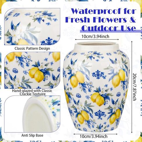 Capri Lemon Ceramic Vase with Artificial Lemons Branches 7.87inch Blue Tiles Yellow Lemon Vase 6 Head Faux Lemons with Stem Fake Fruit Themed for Kitchen Decoration Party Farmhouse Decor in Saudi Arabia