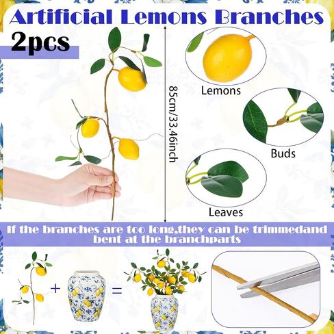 Capri Lemon Ceramic Vase with Artificial Lemons Branches 7.87inch Blue Tiles Yellow Lemon Vase 6 Head Faux Lemons with Stem Fake Fruit Themed for Kitchen Decoration Party Farmhouse Decor in Saudi Arabia