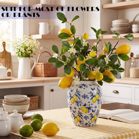 Capri Lemon Ceramic Vase with Artificial Lemons Branches 7.87inch Blue Tiles Yellow Lemon Vase 6 Head Faux Lemons with Stem Fake Fruit Themed for Kitchen Decoration Party Farmhouse Decor in Saudi Arabia