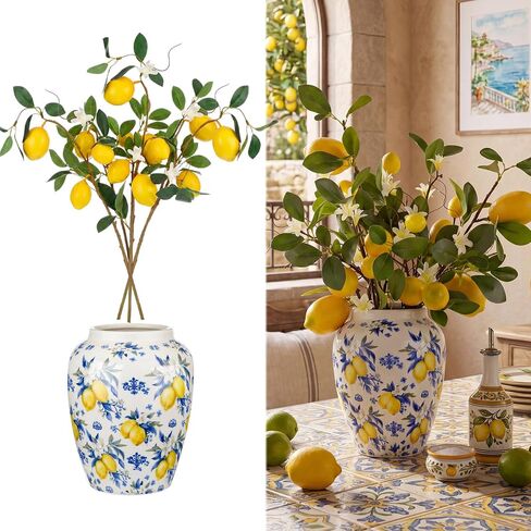 Capri Lemon Ceramic Vase with Artificial Lemons Branches 7.87inch Blue Tiles Yellow Lemon Vase 6 Head Faux Lemons with Stem Fake Fruit Themed for Kitchen Decoration Party Farmhouse Decor in Saudi Arabia