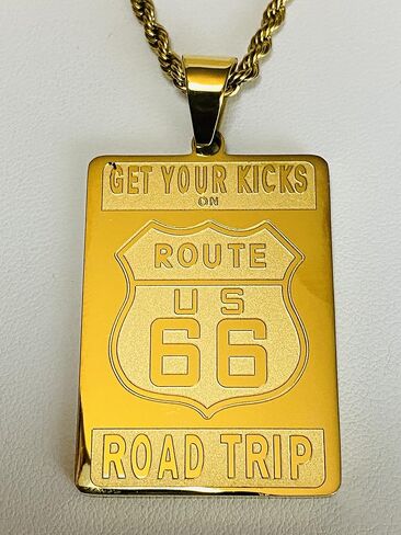 قلادة على شكل علامة الطريق السريع US Route 66 - قلادة هيب هوب مثلجة بلمسة نهائية من الذهب عيار 14 قيراط مع سلسلة حبل من الفولاذ المقاوم للصدأ مقاس 3 مم، مجوهرات رحلة الطريق للرجال in Kuwait