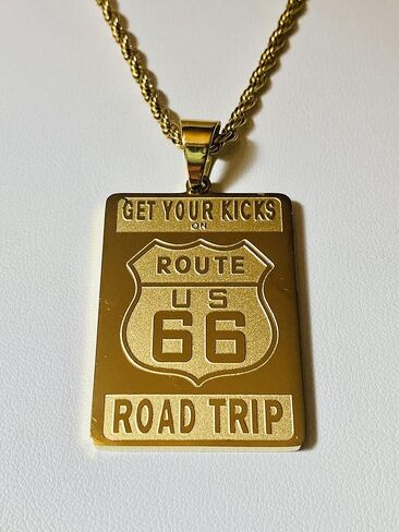 قلادة على شكل علامة الطريق السريع US Route 66 - قلادة هيب هوب مثلجة بلمسة نهائية من الذهب عيار 14 قيراط مع سلسلة حبل من الفولاذ المقاوم للصدأ مقاس 3 مم، مجوهرات رحلة الطريق للرجال in Kuwait