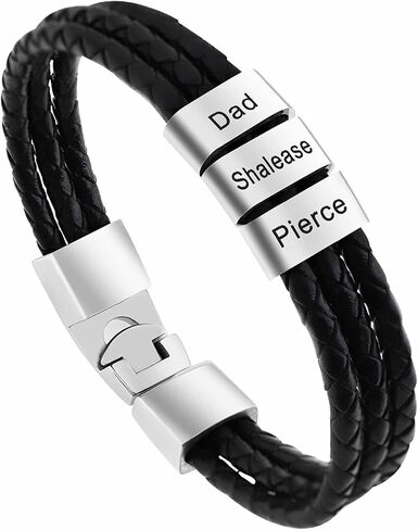 BAUMA AUTO Personalized Men's Bracelet with 1-7 Names Men Black Leather Bracelet Custom Name Beads Braided Leather Bracelets for Men Father's Day Christmas in Saudi Arabia