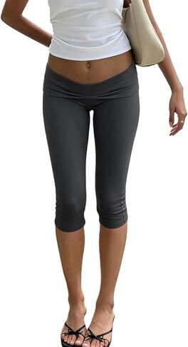 Women Y2k Low Rise Capri Leggings Foldover Skinny Stretchy Cropped Pants Elastic Summer Going Out Capri Yoga Pants in Saudi Arabia