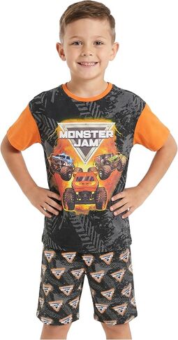 Get Trend Monster Jam Boys Pajamas Set, 2-Piece Cotton Short Sleeve Top & Shorts, Soft Breathable Summer PJs, Kids Sleepwear in Saudi Arabia