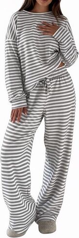 Womens Striped Lounge Sets 2 Piece Oversized Pajama Set Long Sleeve Wide Leg Drawstring Pants with Pockets Sleepwear in Saudi Arabia