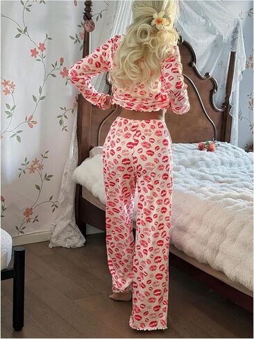 RoseSeek Women's 2 Piece Pajama Sets Lace Trim Lips Print Long Sleeve Tops with Wide Leg Pants Comfy Lounge Set in Kuwait