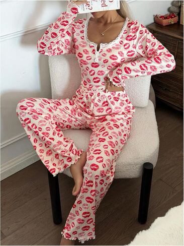 RoseSeek Women's 2 Piece Pajama Sets Lace Trim Lips Print Long Sleeve Tops with Wide Leg Pants Comfy Lounge Set in Kuwait
