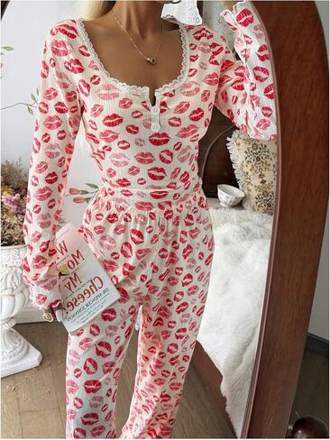 RoseSeek Women's 2 Piece Pajama Sets Lace Trim Lips Print Long Sleeve Tops with Wide Leg Pants Comfy Lounge Set in Kuwait