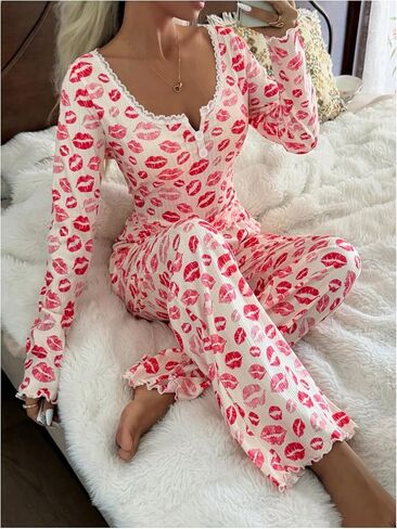 RoseSeek Women's 2 Piece Pajama Sets Lace Trim Lips Print Long Sleeve Tops with Wide Leg Pants Comfy Lounge Set in Kuwait