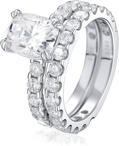 Bo.Dream Cushion Cut Moissanite Engagement Ring Sets Total 5ct Platinum Plated 925 Sterling Silver (Size 8) in Kuwait