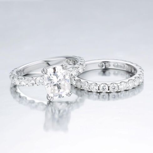 Bo.Dream Cushion Cut Moissanite Engagement Ring Sets Total 5ct Platinum Plated 925 Sterling Silver (Size 8) in Kuwait