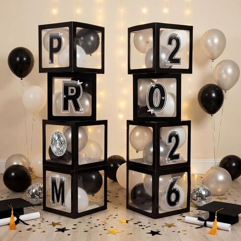 Foilswirl Class of 2026 Prom Graduation Decorations Set of 8 Black Clear Boxes with 35 Balloons and 8 Letters 2026 Prom Black and Silver Congrats Grad Party Supplies for Senior Night Any Grades in Kuwait