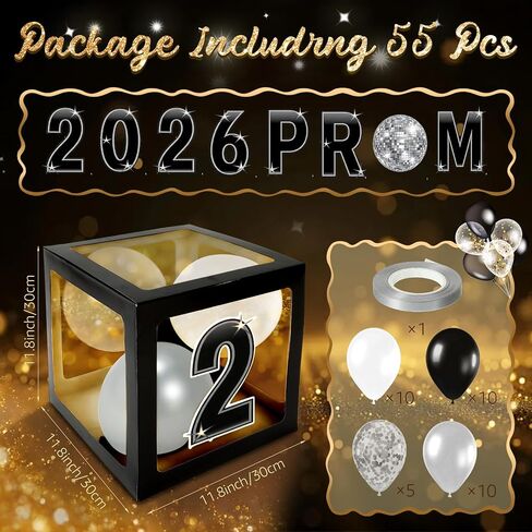 Foilswirl Class of 2026 Prom Graduation Decorations Set of 8 Black Clear Boxes with 35 Balloons and 8 Letters 2026 Prom Black and Silver Congrats Grad Party Supplies for Senior Night Any Grades in Kuwait