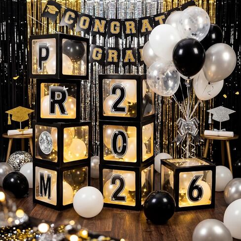 Foilswirl Class of 2026 Prom Graduation Decorations Set of 8 Black Clear Boxes with 35 Balloons and 8 Letters 2026 Prom Black and Silver Congrats Grad Party Supplies for Senior Night Any Grades in Kuwait