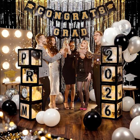 Foilswirl Class of 2026 Prom Graduation Decorations Set of 8 Black Clear Boxes with 35 Balloons and 8 Letters 2026 Prom Black and Silver Congrats Grad Party Supplies for Senior Night Any Grades in Kuwait