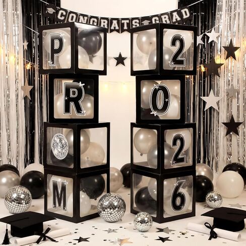 Foilswirl Class of 2026 Prom Graduation Decorations Set of 8 Black Clear Boxes with 35 Balloons and 8 Letters 2026 Prom Black and Silver Congrats Grad Party Supplies for Senior Night Any Grades in Kuwait