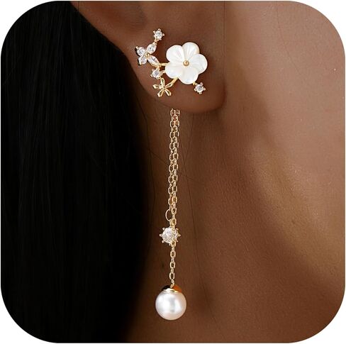 14K Gold Plated CZ Flower Dangle Earrings for Women, Sparkly Cubic Zirconia Long Tassel Drop Earrings, Bridal Wedding Jewelry in Saudi Arabia