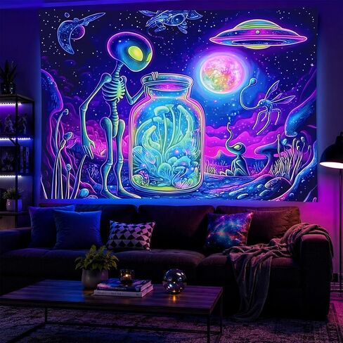 BlissYard Blacklight خارج الأرض نسيج Trippy الأشعة فوق البنفسجية التفاعلية مخدر النيون الفضاء المفروشات الجدار Blacklight نسيج الجدار شنقا لخلفية غرفة النوم النوم غرفة المعيشة ديكور 59x78 بوصة in Saudi Arabia