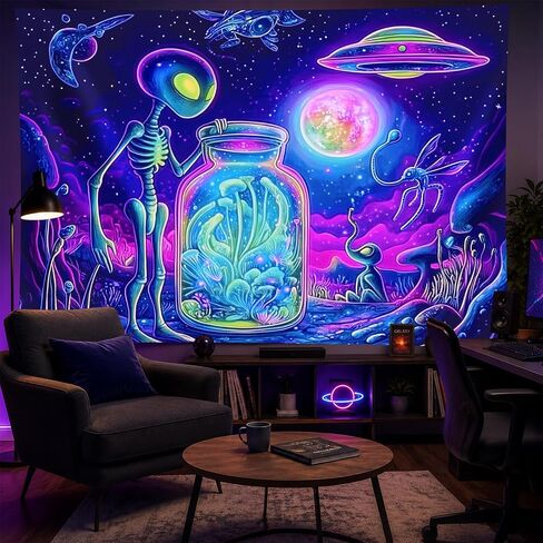 BlissYard Blacklight خارج الأرض نسيج Trippy الأشعة فوق البنفسجية التفاعلية مخدر النيون الفضاء المفروشات الجدار Blacklight نسيج الجدار شنقا لخلفية غرفة النوم النوم غرفة المعيشة ديكور 59x78 بوصة in Saudi Arabia