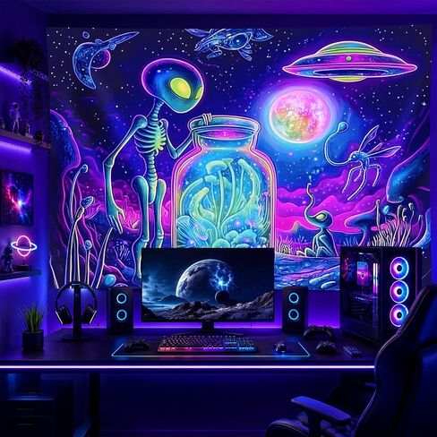 BlissYard Blacklight خارج الأرض نسيج Trippy الأشعة فوق البنفسجية التفاعلية مخدر النيون الفضاء المفروشات الجدار Blacklight نسيج الجدار شنقا لخلفية غرفة النوم النوم غرفة المعيشة ديكور 59x78 بوصة in Saudi Arabia