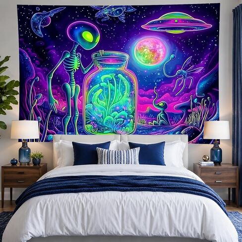 BlissYard Blacklight خارج الأرض نسيج Trippy الأشعة فوق البنفسجية التفاعلية مخدر النيون الفضاء المفروشات الجدار Blacklight نسيج الجدار شنقا لخلفية غرفة النوم النوم غرفة المعيشة ديكور 59x78 بوصة in Saudi Arabia