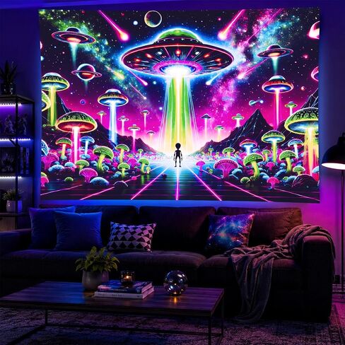 BlissYard Blacklight خارج الأرض نسيج Trippy الأشعة فوق البنفسجية التفاعلية مخدر النيون الفضاء المفروشات الجدار Blacklight نسيج الجدار شنقا لخلفية غرفة النوم النوم غرفة المعيشة ديكور 59x78 بوصة in Saudi Arabia