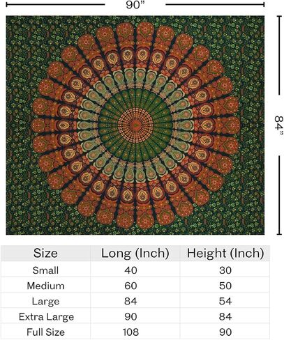 FURNISHFUL FINESSE Handmade Cotton Peacock Mandala Tapestry - Indian Boho Wall Decor, Bohemian Hippie Room Hanging for Bedroom & Living Room - 84x90 Inches, (Golden Green) in Saudi Arabia