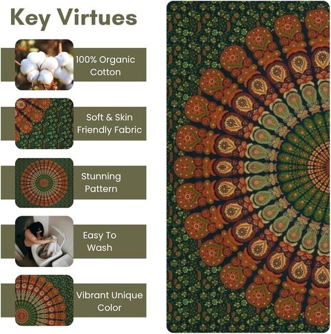 FURNISHFUL FINESSE Handmade Cotton Peacock Mandala Tapestry - Indian Boho Wall Decor, Bohemian Hippie Room Hanging for Bedroom & Living Room - 84x90 Inches, (Golden Green) in Saudi Arabia