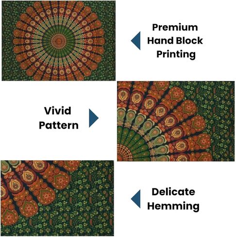 FURNISHFUL FINESSE Handmade Cotton Peacock Mandala Tapestry - Indian Boho Wall Decor, Bohemian Hippie Room Hanging for Bedroom & Living Room - 84x90 Inches, (Golden Green) in Saudi Arabia