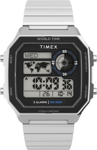 ساعة Timex للرجال World Time Digital 40mm - سوار فضي اللون ومينا رقمي وحافظة فضية اللون in Kuwait